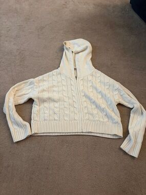 Cable-Knit Hooded Zip Cardigan - Cream